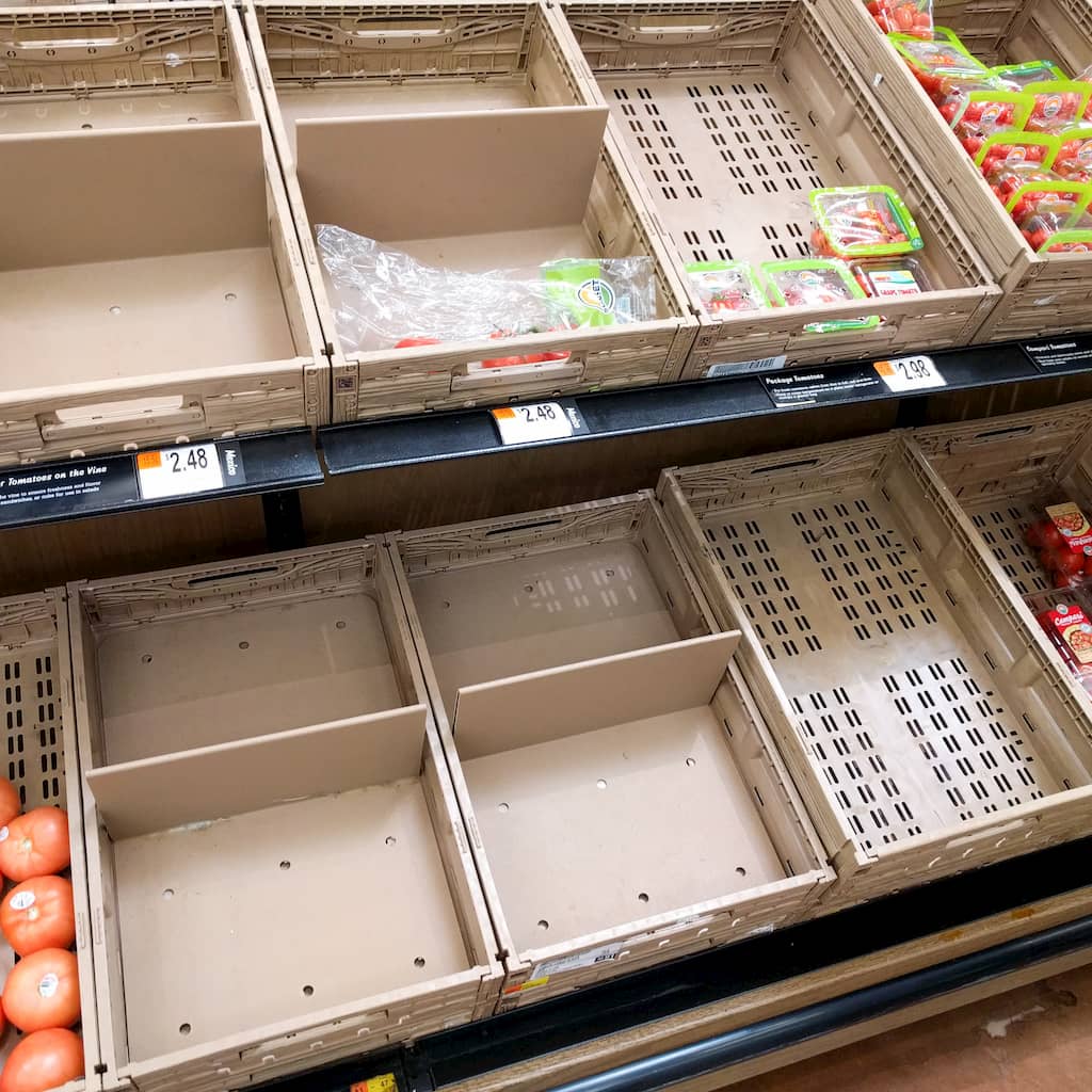Empty vegetable bins during hurricane food preparation 