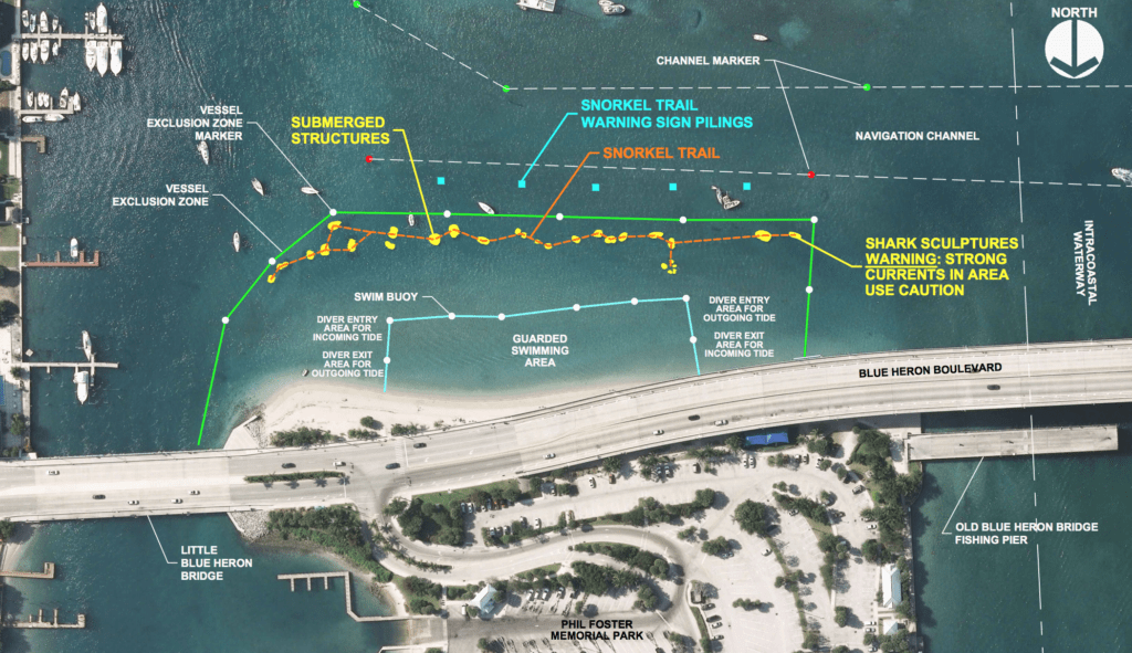 A map of the snorkel trail at Phil Foster Park and Blue Heron Bridge dive site in Riviera Beach, Florida