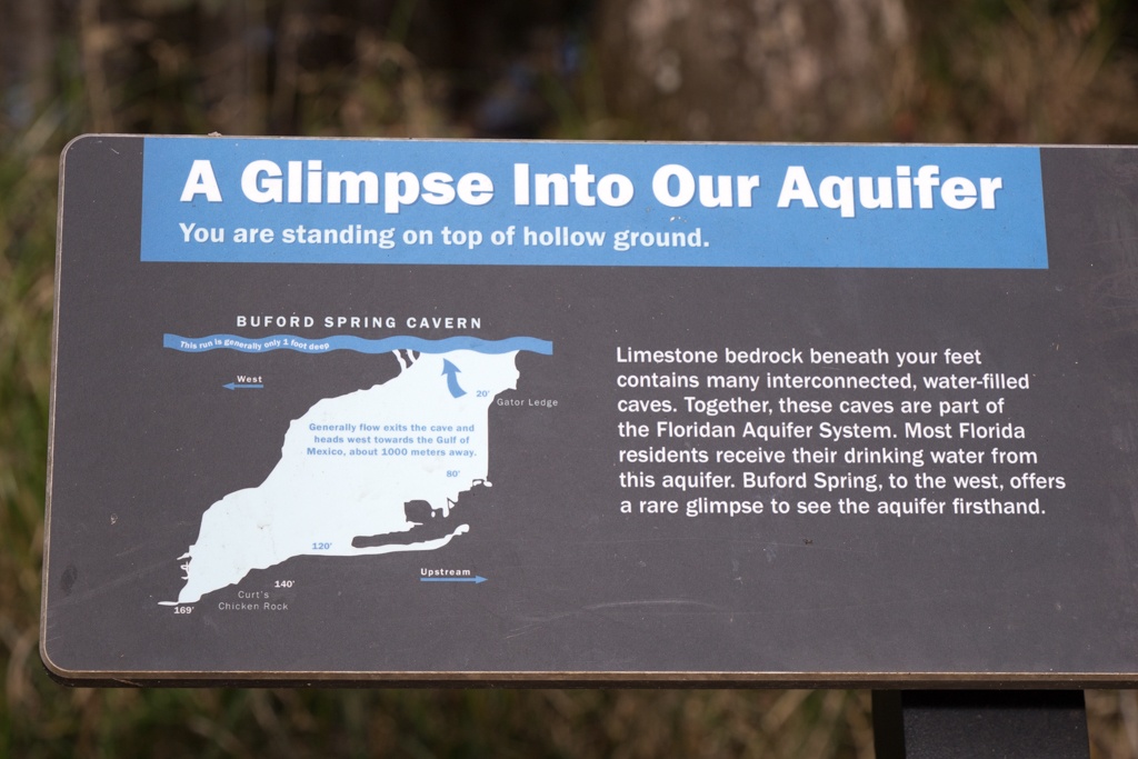 An official signpost on the boardwalk to Buford Springs shows the dive site and depth.