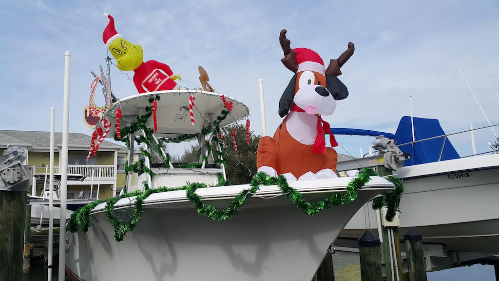 A boat decorated for a Christmas boat parade in Florida