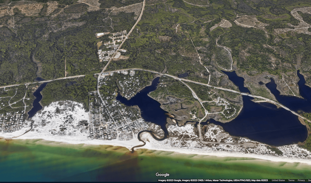 Aerial view of beaches and nearby towns at Grayton Beach State Park