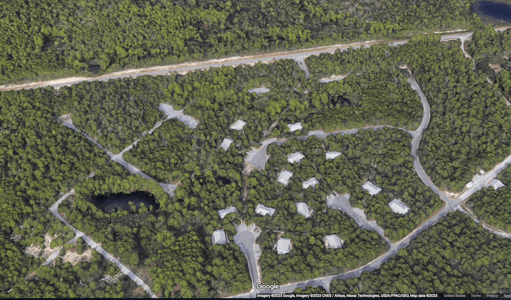 Aerial view of rental vacation cabins at Grayton Beach State Park