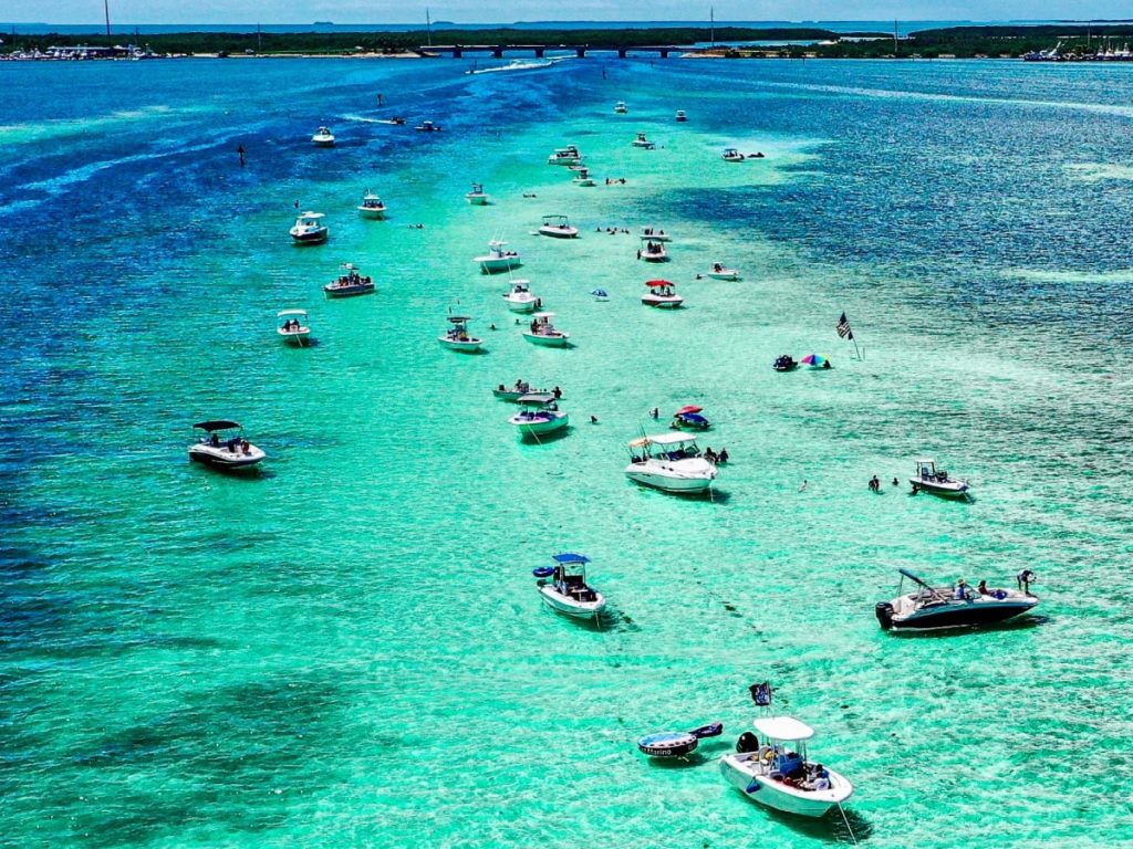 Boats anchored at the Islamorada sandbar in Islamorada, Monroe County, Florida Keys