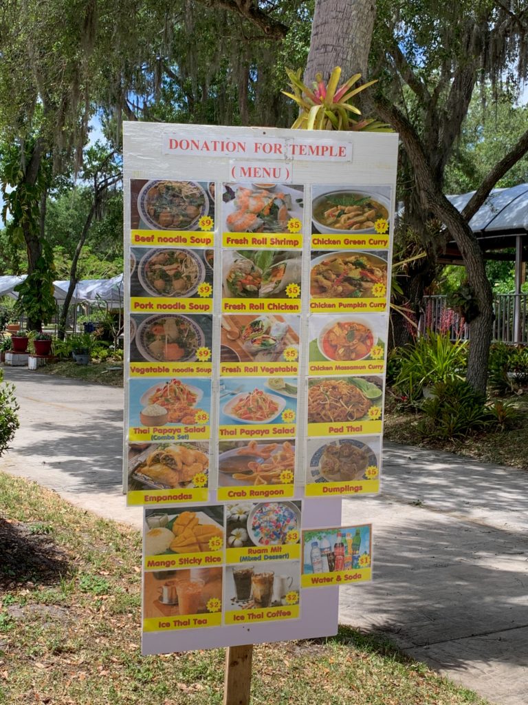 Thai Food Drive-thru menu for the Thai temple Tampa Wat Mongkolratanaram