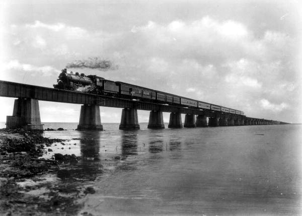 A steam engine on the Florida East Coast (FEC) Overseas Railway Bridge at Bahia Honda in the Florida Keys