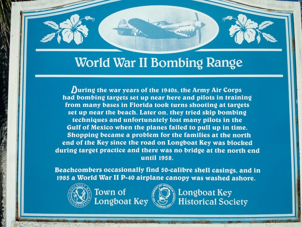 Historical sign marking World War II bombing range in Longboat Key, Florida