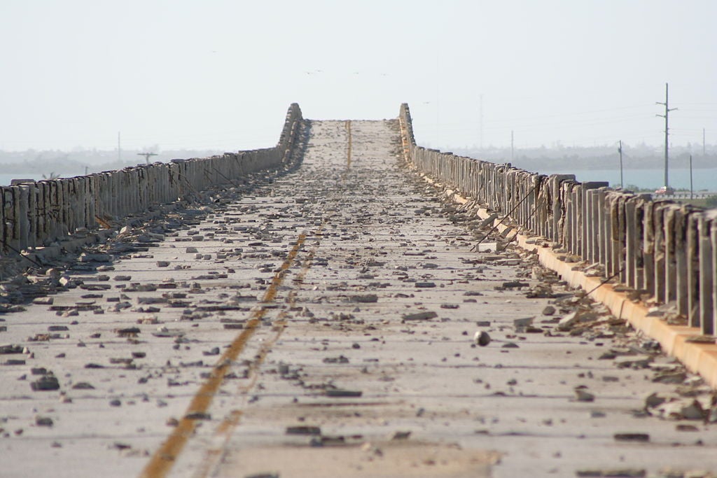 A crumbled, hazardous, scary section of the Overseas Highway bridge