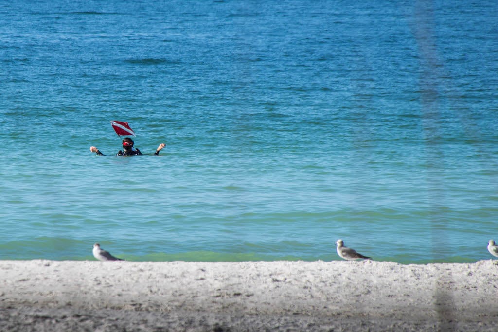 Scuba diver performing a shore dive off of a beach in calm, clear water in Florida