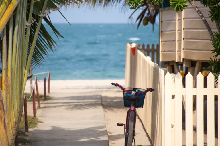 A rental bicycle near a beach in Key West, Florida