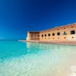 Crystal clear water in Florida in front of a white sand beach.Fort Jefferson, Dry Tortugas National Park, Florida Keys