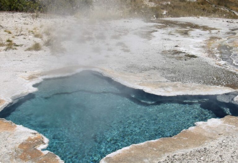 A steaming hot spring. Hot springs in Florida are not as hot as other hot springs. Florida's geothermal activity comes from hot rock, deep underground, rather than volcanic activity or magma.