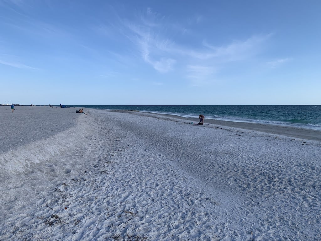 Wide white sand beaches on Longboat Key, where beach renourishment has been performed