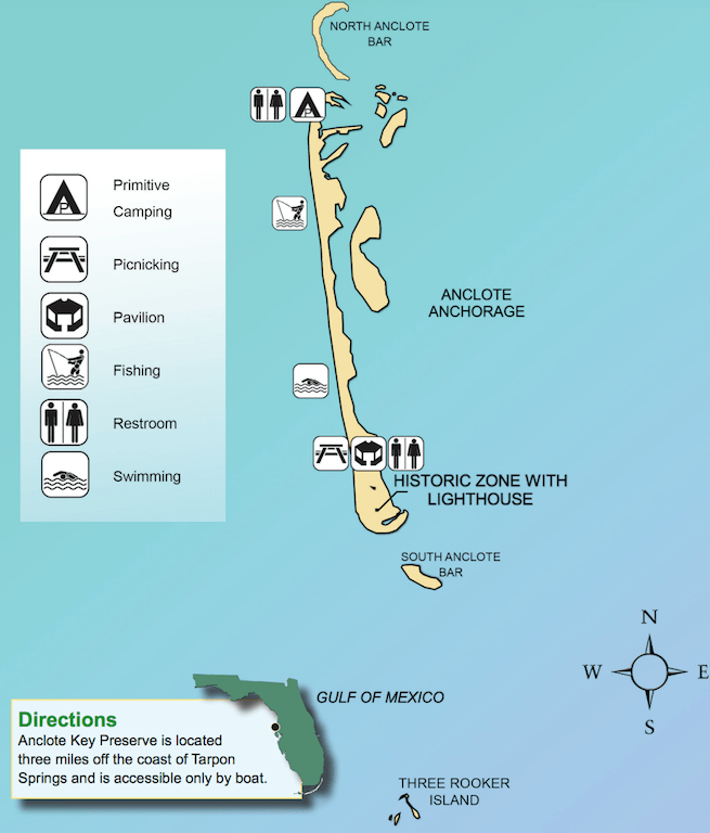 A map of Anclote Key Preserve State Park, camping, islands, toilets and other points of interest