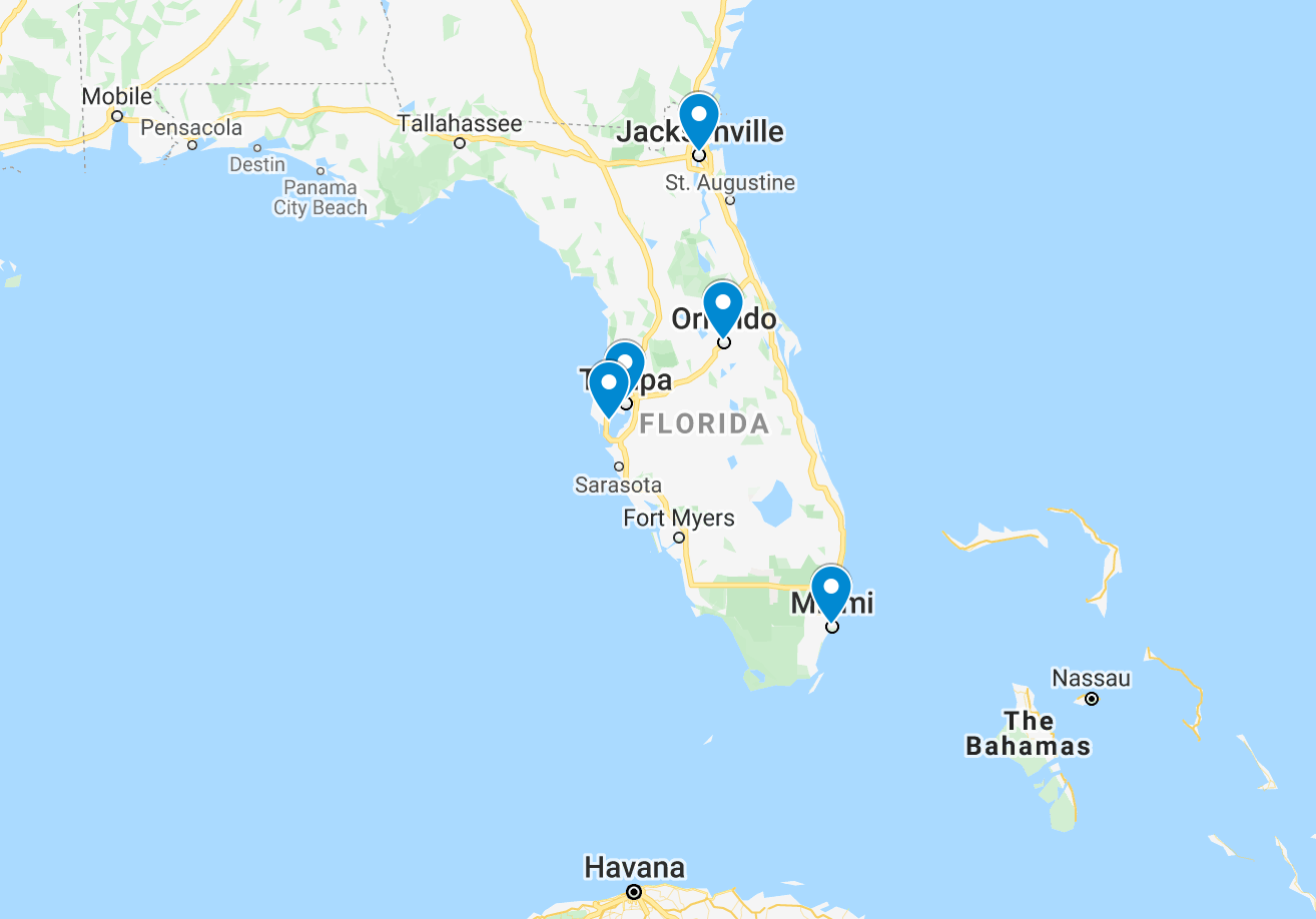 A Map of the 5 largest cities in Florida
