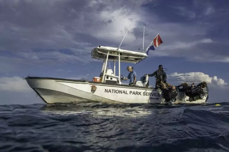 A dive boat from the National Park Service, scuba diving in Dry Tortugas National Park in Florida