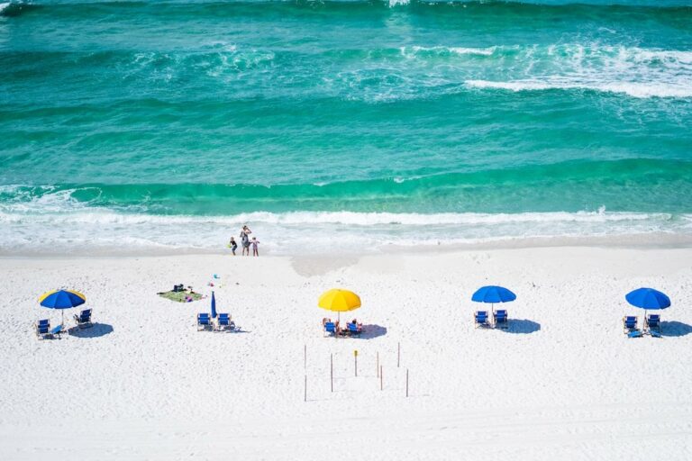 Navarre Beach, Florida, beach umbrellas, as seen from a beachfront hotel.