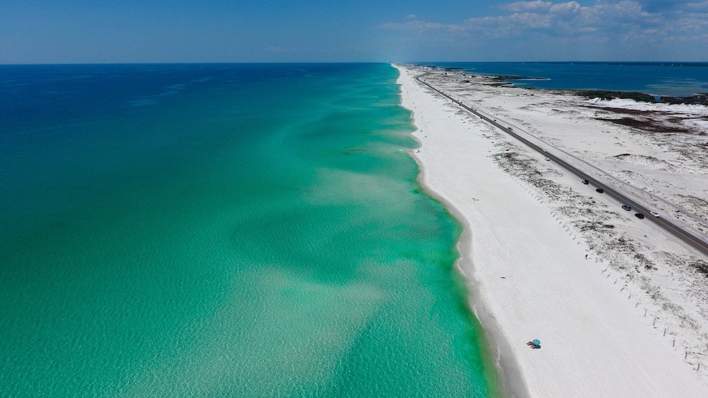 Navarre Beach, Florida, aerial view of beautiful white sand beaches and crystal clear water