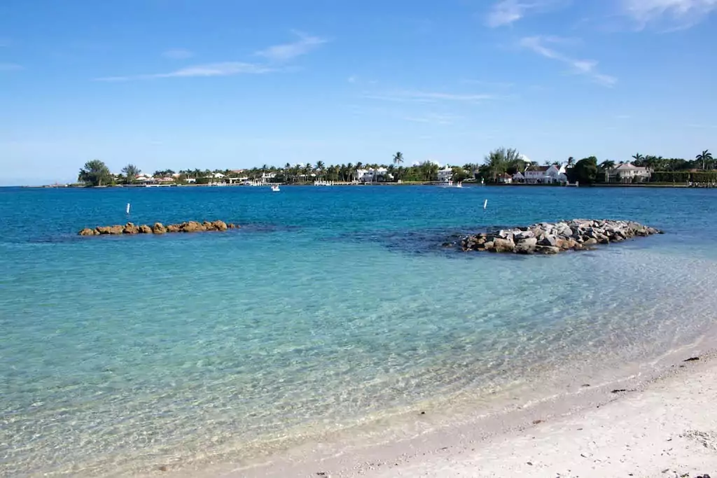 Clear waters off of the beach in Peanut Island, Florida