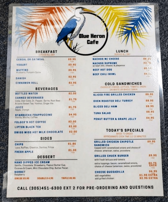 pennekamp blue heron cafe restaurant menu
