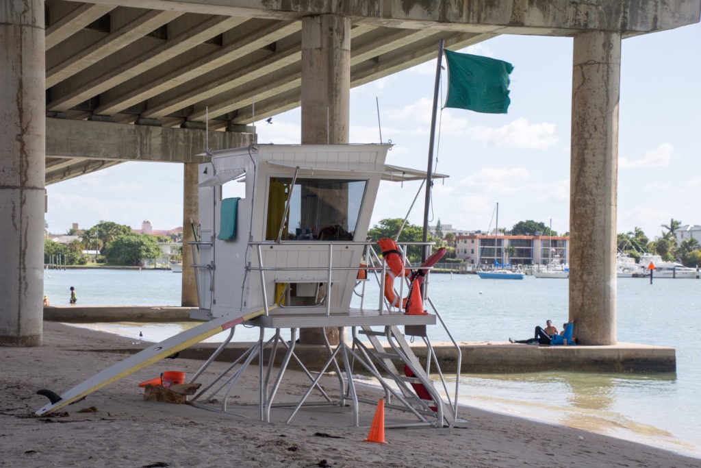 A lifeguard tower at Phil Foster Park and Blue Heron Bridge in Riviera Beach, Florida