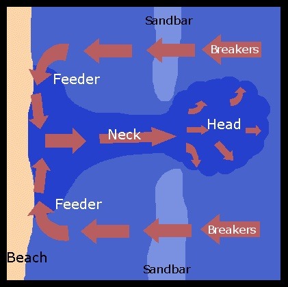 Rip current diagram, how to escape a rip current